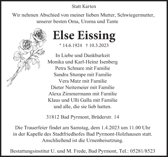 Traueranzeige von Else Eissing von Deister- und Weserzeitung