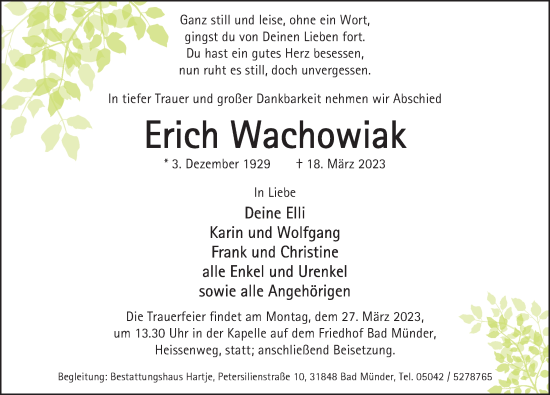Traueranzeige von Erich Wachowiak von Neue Deister-Zeitung