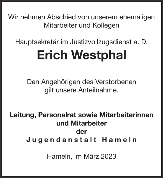 Traueranzeige von Erich Westphal von Deister- und Weserzeitung