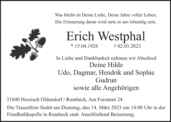 Traueranzeige von Erich Westphal von Deister- und Weserzeitung