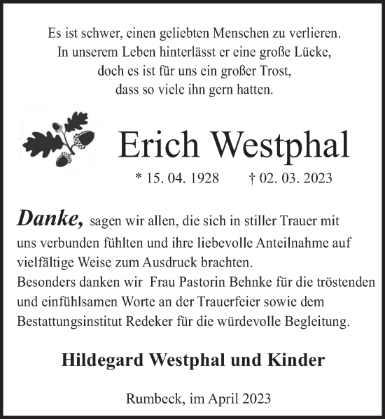 Traueranzeige von Erich Westphal von Deister- und Weserzeitung