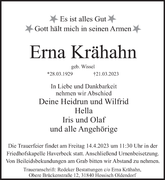 Traueranzeige von Erna Krähahn von Deister- und Weserzeitung
