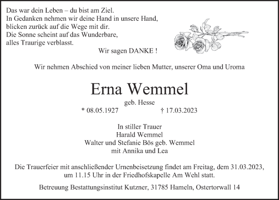 Traueranzeige von Erna Wemmel von Deister- und Weserzeitung