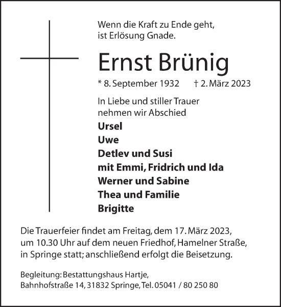 Traueranzeige von Ernst Brünig von Neue Deister-Zeitung