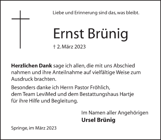Traueranzeige von Ernst Brünig von Neue Deister-Zeitung