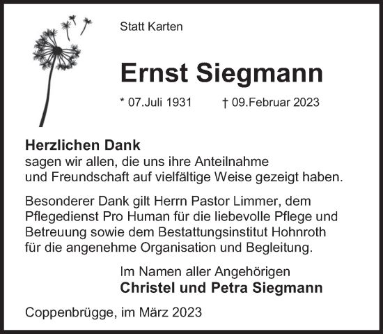 Traueranzeige von Ernst Siegmann von Deister- und Weserzeitung
