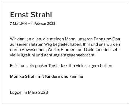 Traueranzeige von Ernst Strahl von Deister- und Weserzeitung