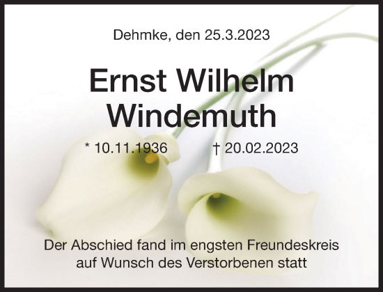 Traueranzeige von Ernst Wilhelm Windemuth von Deister- und Weserzeitung