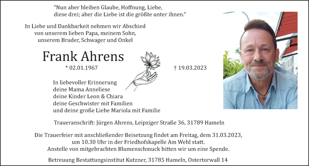  Traueranzeige für Frank Ahrens vom 24.03.2023 aus Deister- und Weserzeitung