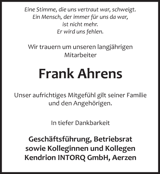 Traueranzeige von Frank Ahrens von Deister- und Weserzeitung