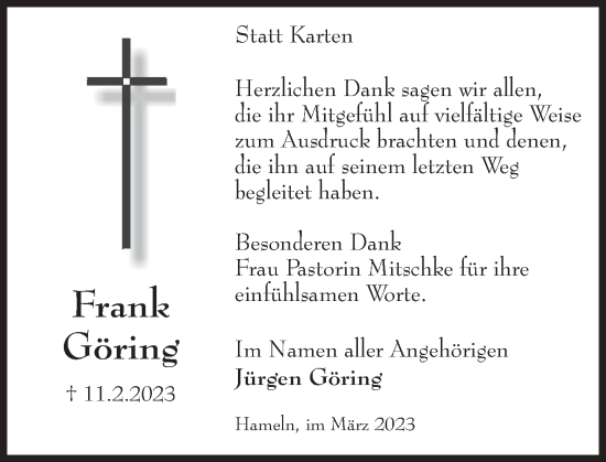 Traueranzeige von Frank Göring von Deister- und Weserzeitung