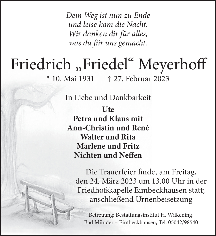  Traueranzeige für Friedrich Meyerhoff vom 18.03.2023 aus Neue Deister-Zeitung