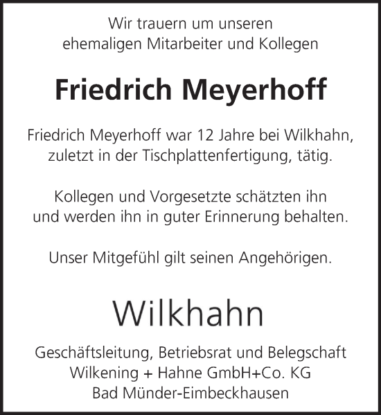 Traueranzeige von Friedrich Meyerhoff von Neue Deister-Zeitung
