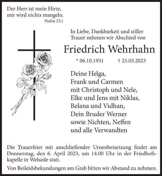 Traueranzeige von Friedrich Wehrhahn von Deister- und Weserzeitung