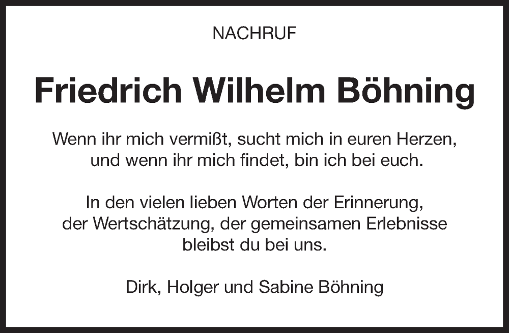  Traueranzeige für Friedrich Wilhelm Böhning vom 01.04.2023 aus Deister- und Weserzeitung
