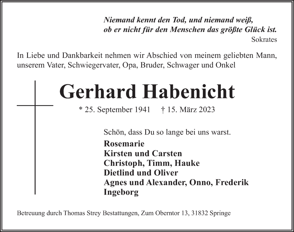  Traueranzeige für Gerhard Habenicht vom 25.03.2023 aus Neue Deister-Zeitung