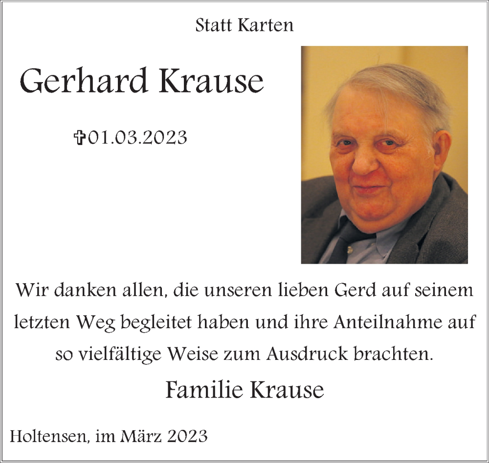  Traueranzeige für Gerhard Krause vom 25.03.2023 aus Deister- und Weserzeitung