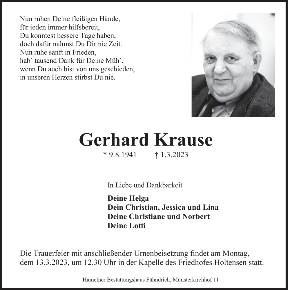  Traueranzeige für Gerhard Krause vom 11.03.2023 aus Deister- und Weserzeitung