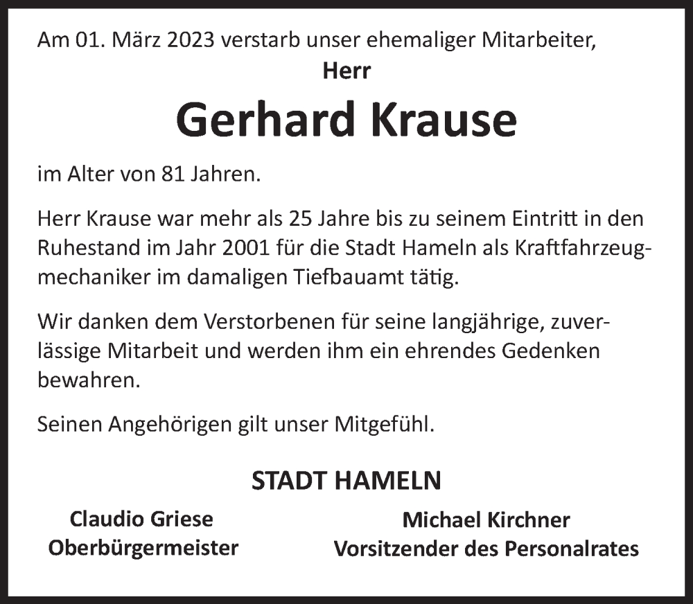  Traueranzeige für Gerhard Krause vom 15.03.2023 aus Deister- und Weserzeitung