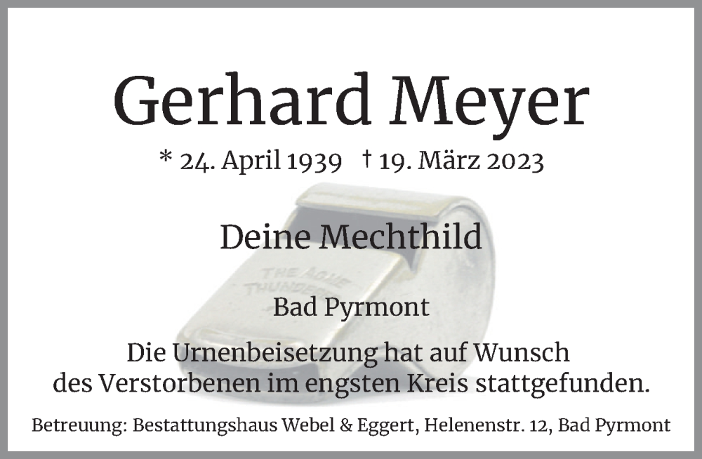  Traueranzeige für Gerhard Meyer vom 01.04.2023 aus Deister- und Weserzeitung