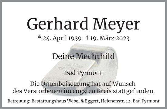 Traueranzeige von Gerhard Meyer von Deister- und Weserzeitung