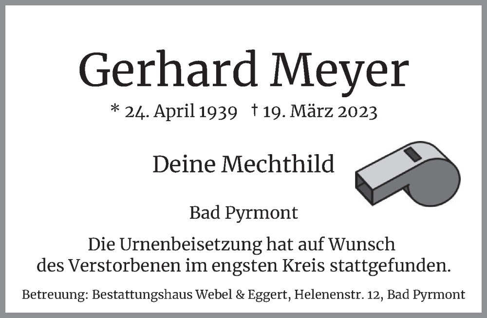  Traueranzeige für Gerhard Meyer vom 01.04.2023 aus Deister- und Weserzeitung