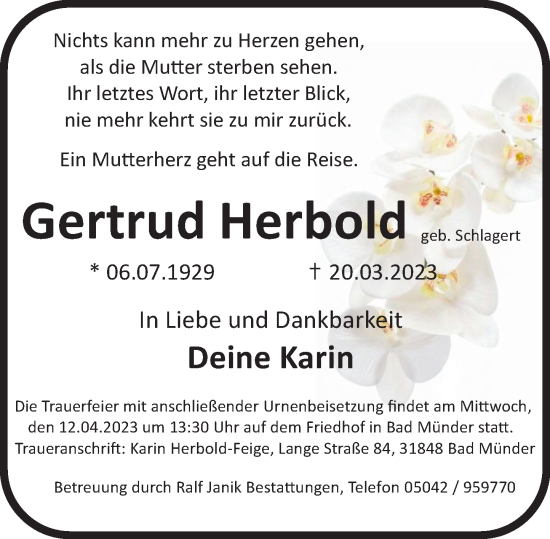 Traueranzeige von Gertrud Herbold von Neue Deister-Zeitung