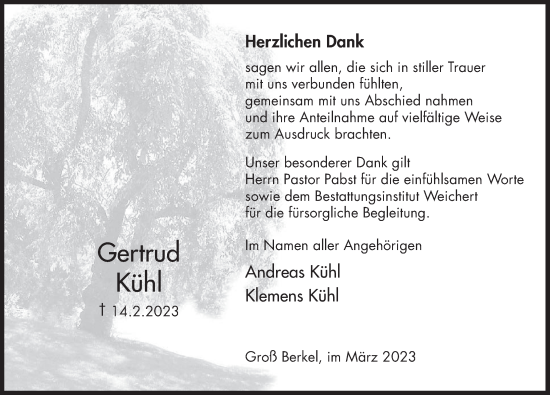 Traueranzeige von Gertrud Kühl von Deister- und Weserzeitung