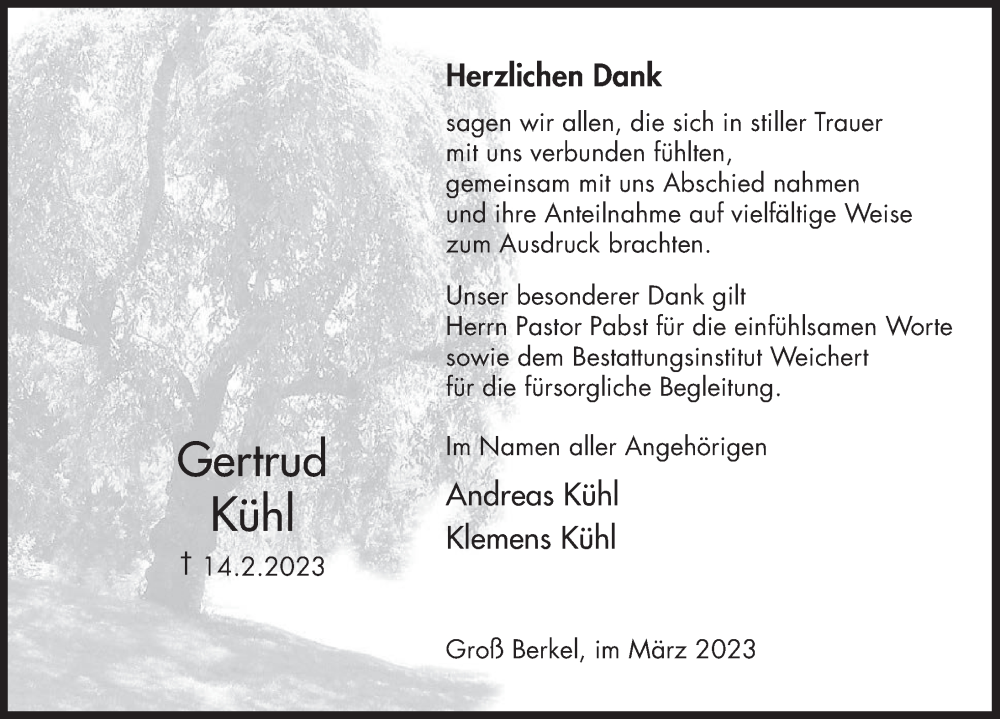  Traueranzeige für Gertrud Kühl vom 18.03.2023 aus Deister- und Weserzeitung