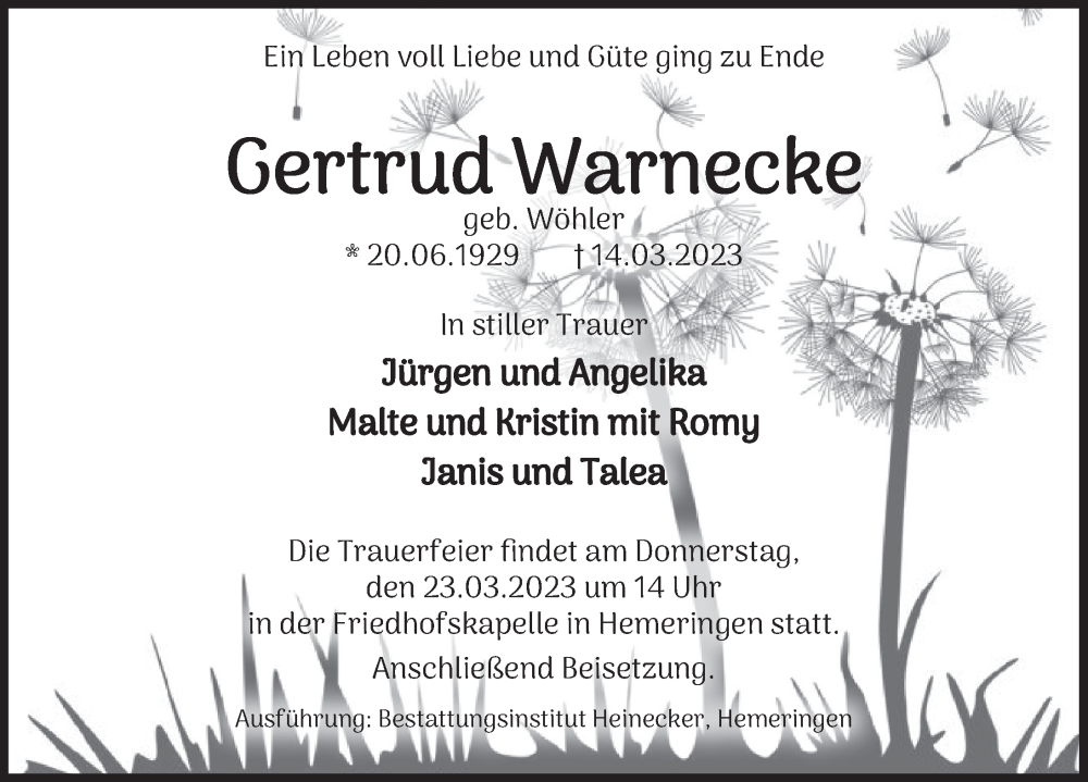  Traueranzeige für Gertrud Warnecke vom 18.03.2023 aus Deister- und Weserzeitung