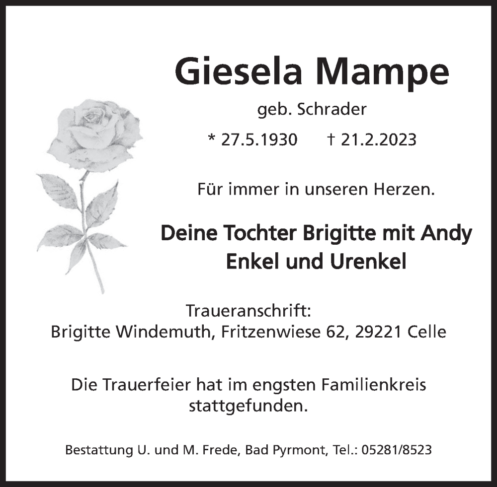 Traueranzeige für Giesela Mampe vom 10.03.2023 aus Deister- und Weserzeitung