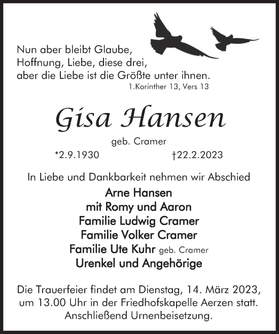 Traueranzeige von Gisa Hansen von Deister- und Weserzeitung