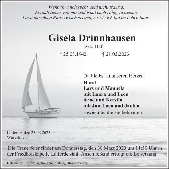 Traueranzeige von Gisela Drinnhausen von Deister- und Weserzeitung