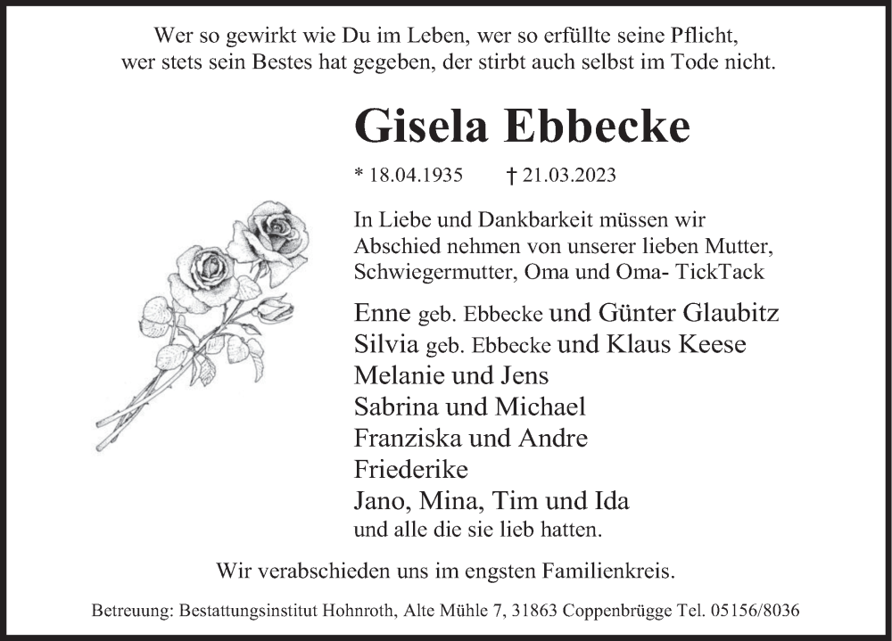  Traueranzeige für Gisela Ebbecke vom 25.03.2023 aus Deister- und Weserzeitung