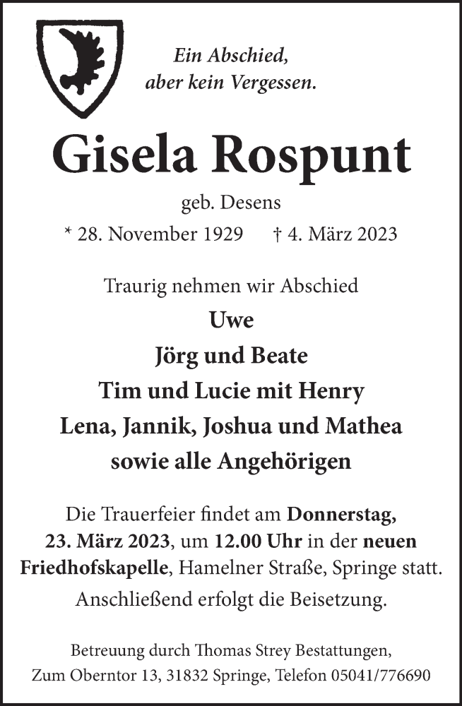  Traueranzeige für Gisela Rospunt vom 18.03.2023 aus Neue Deister-Zeitung