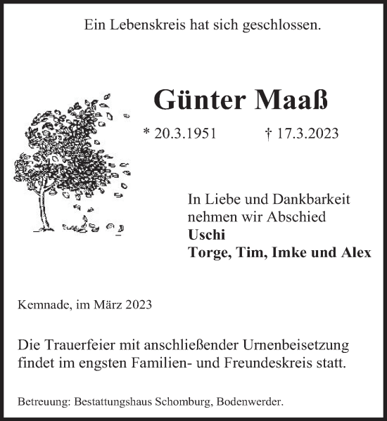 Traueranzeige von Günter Maaß von Deister- und Weserzeitung