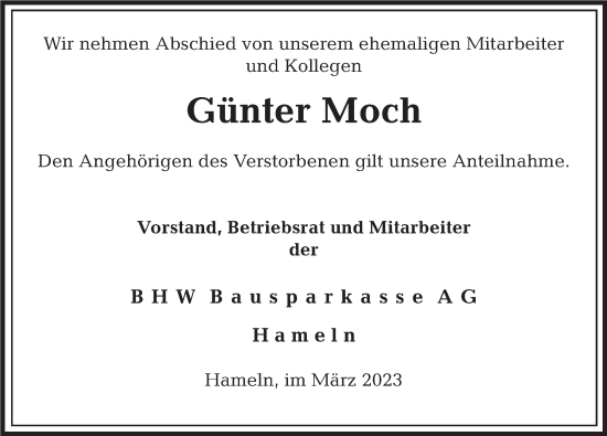 Traueranzeige von Günter Moch von Deister- und Weserzeitung