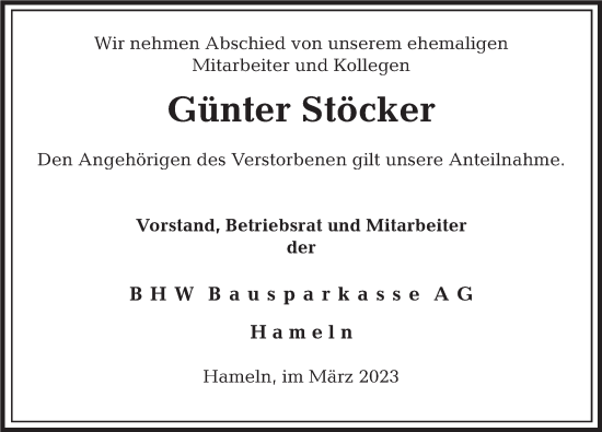 Traueranzeige von Günter Stöcker von Deister- und Weserzeitung