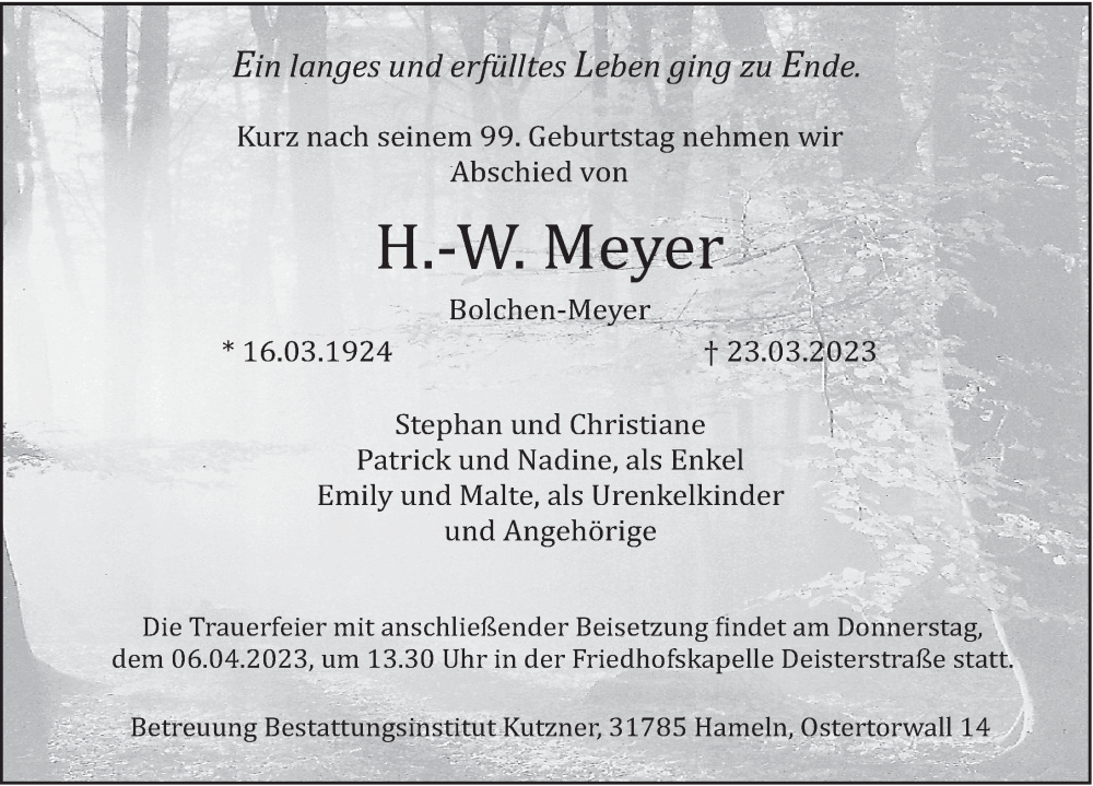  Traueranzeige für H-W Meyer vom 01.04.2023 aus Deister- und Weserzeitung