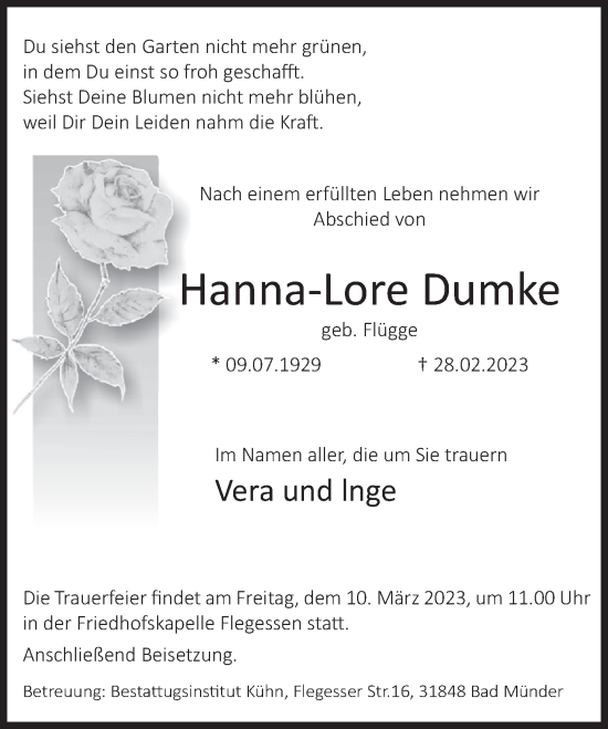 Traueranzeige von Hanna-Lore Dumke von Deister- und Weserzeitung