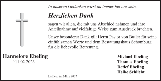 Traueranzeige von Hannelore Ebeling von Deister- und Weserzeitung