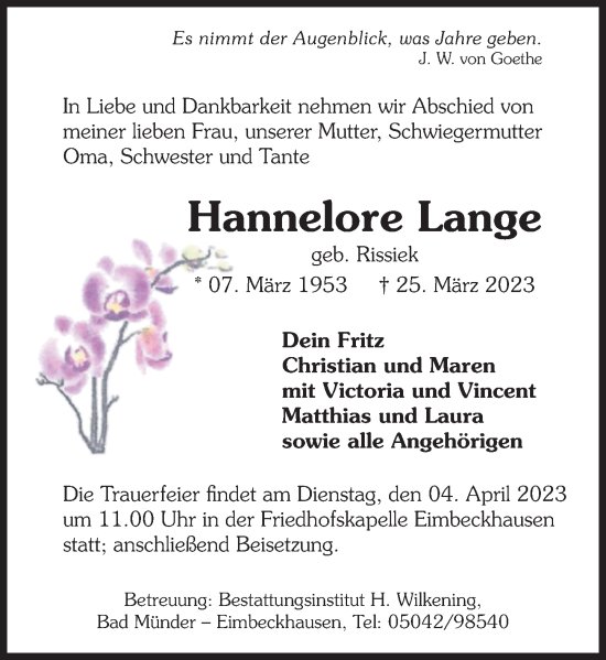 Traueranzeige von Hannelore Lange von Deister- und Weserzeitung