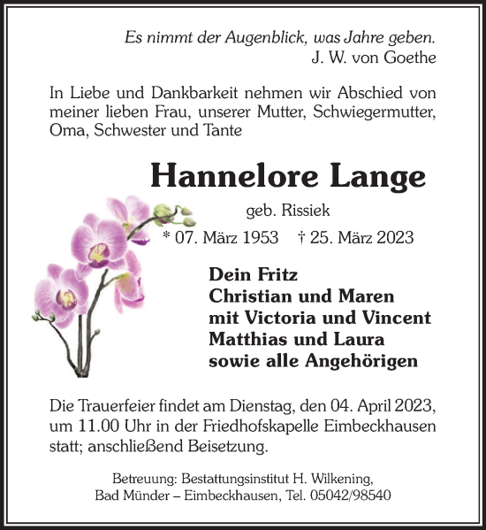 Traueranzeige von Hannelore Lange von Neue Deister-Zeitung