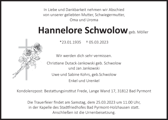 Traueranzeige von Hannelore Schwolow von Deister- und Weserzeitung
