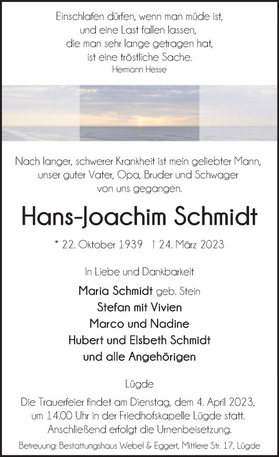 Traueranzeige von Hans-Joachim Schmidt von Deister- und Weserzeitung