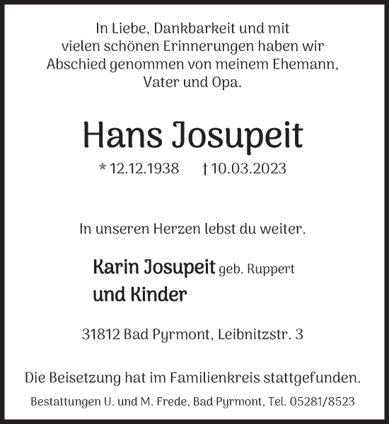 Traueranzeige von Hans Josupeit von Deister- und Weserzeitung