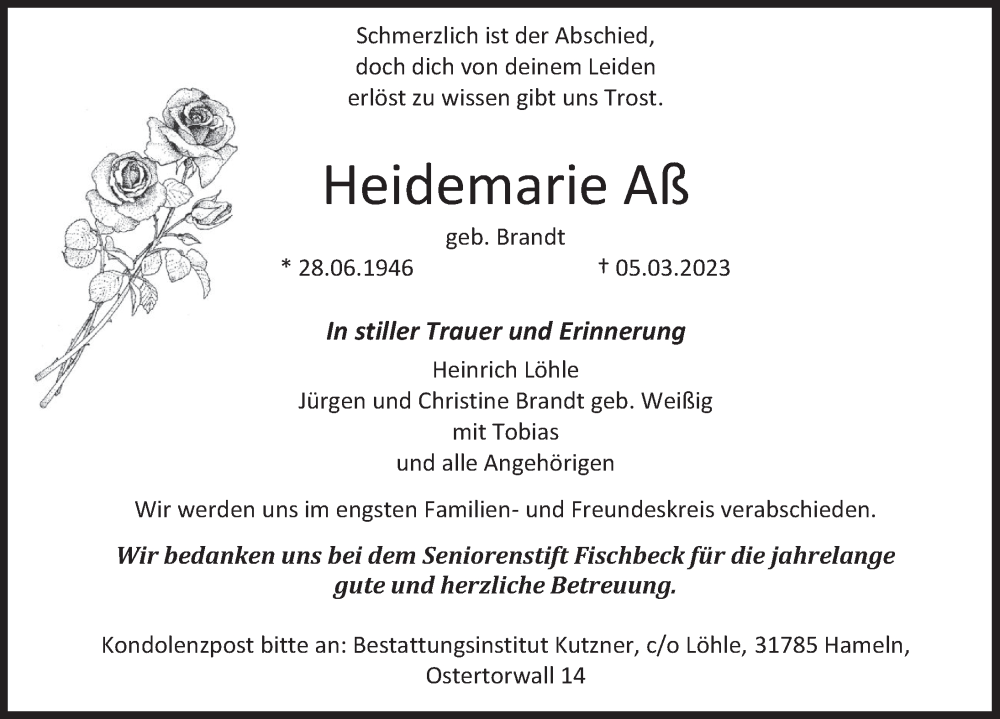  Traueranzeige für Heidemarie Aß vom 10.03.2023 aus Deister- und Weserzeitung