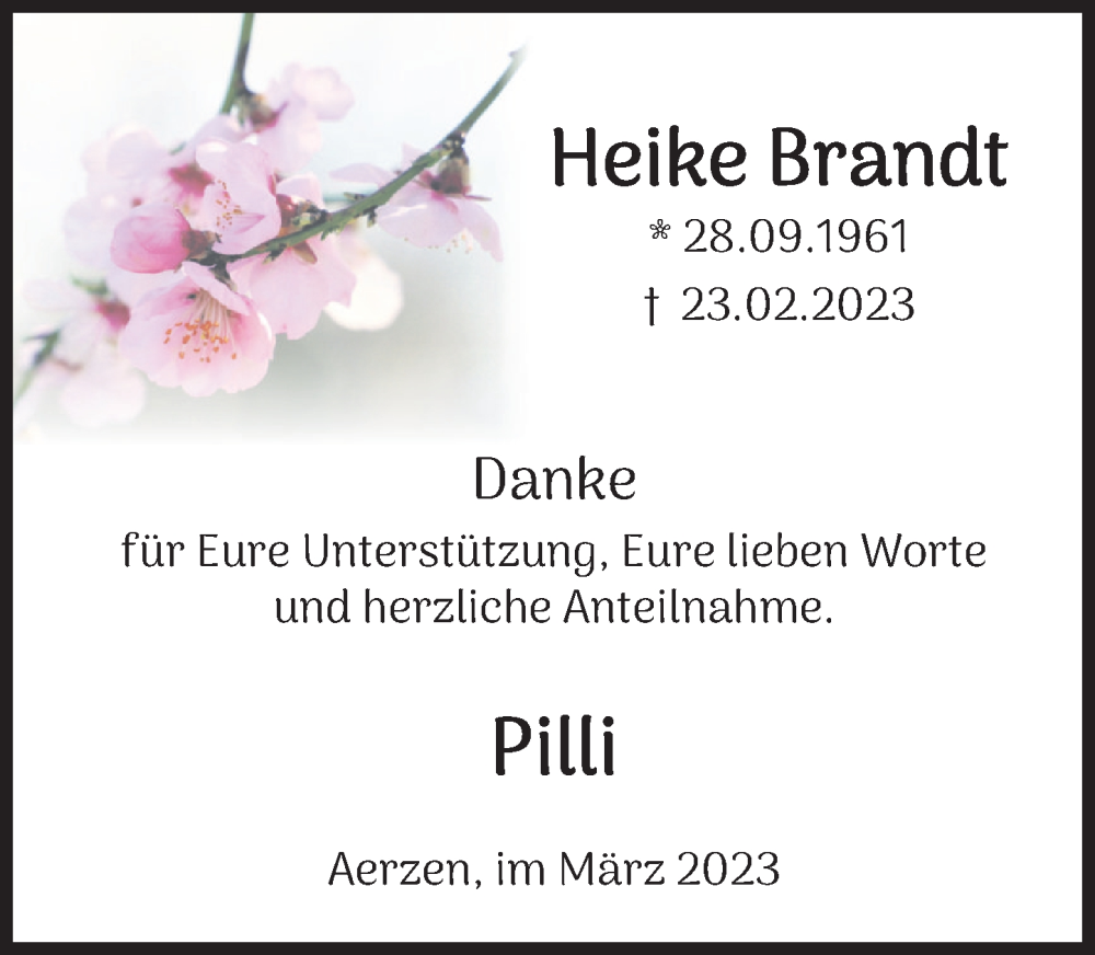  Traueranzeige für Heike Brandt vom 25.03.2023 aus Deister- und Weserzeitung