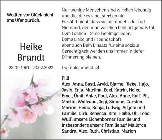 Traueranzeige von Heike Brandt von Deister- und Weserzeitung
