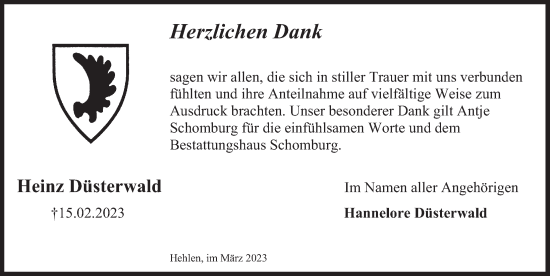 Traueranzeige von Heinz Düsterwald von Deister- und Weserzeitung